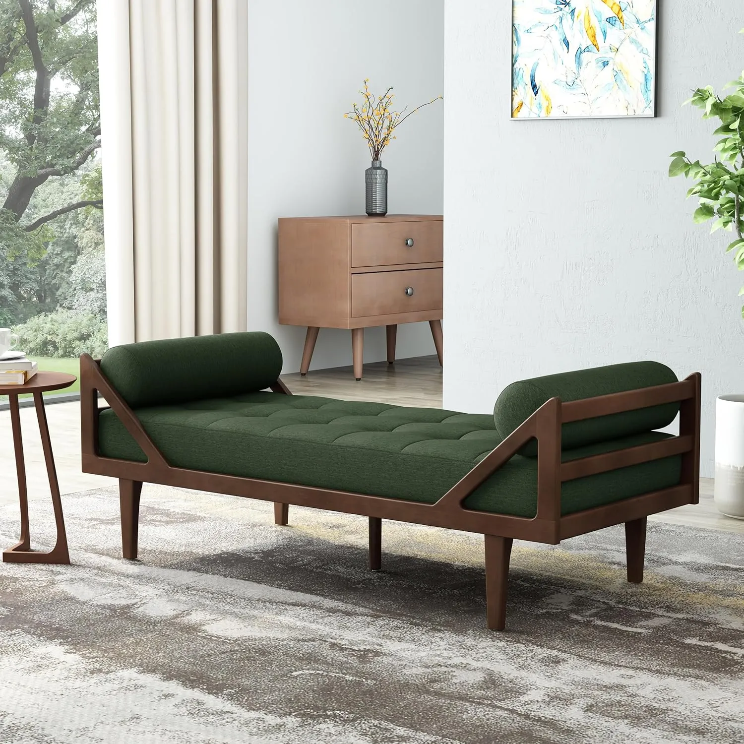 Mid-Century Chaise Lounge Indoor, Modern Chaise Lounge Chair with Double Armrest & Lumbar Pillow,Button Tufted Lounge Sofa Pinewood Frame for Bedroom, Living Room and Office (Blackish Green)