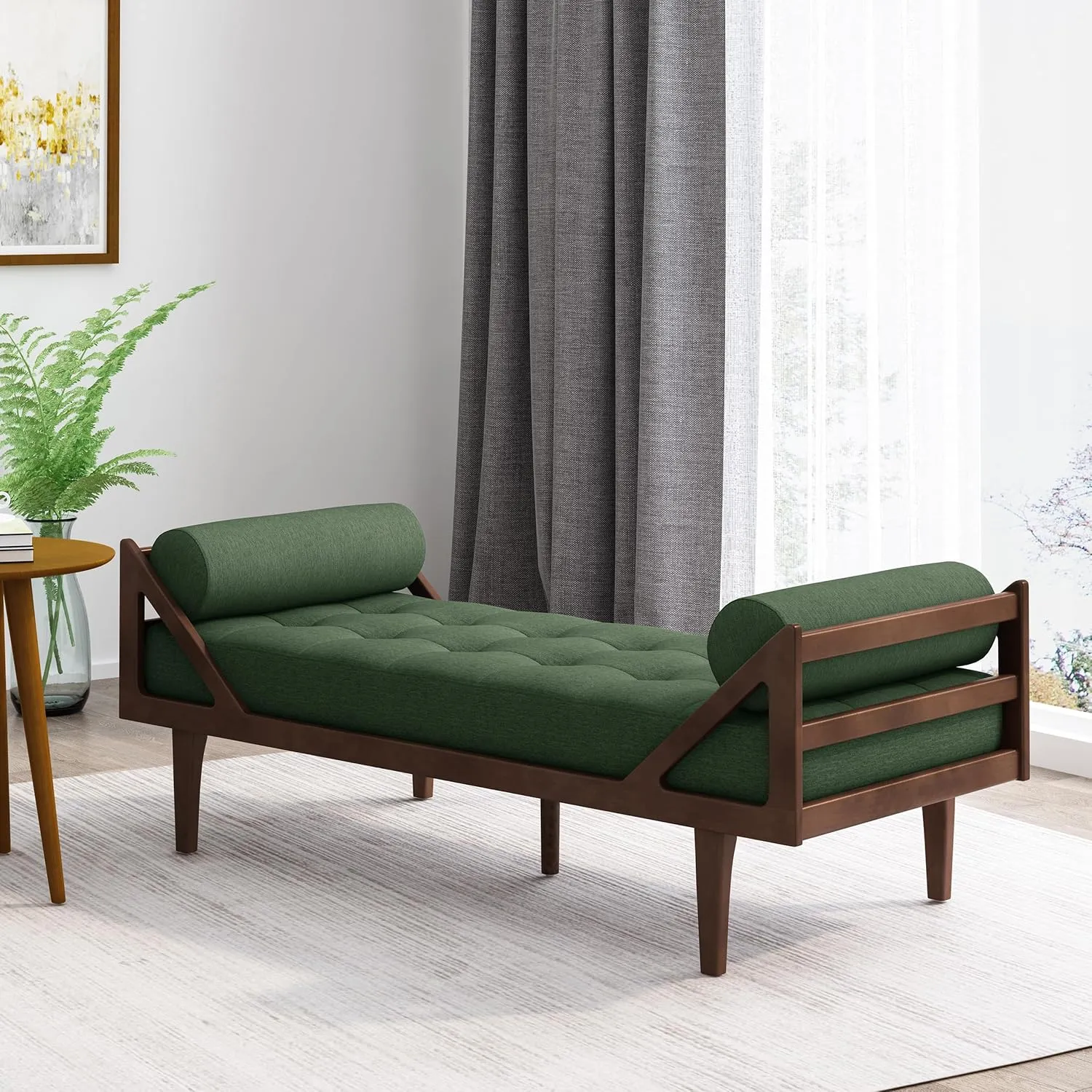 Mid-Century Chaise Lounge Indoor, Modern Chaise Lounge Chair with Double Armrest & Lumbar Pillow,Button Tufted Lounge Sofa Pinewood Frame for Bedroom, Living Room and Office (Blackish Green)