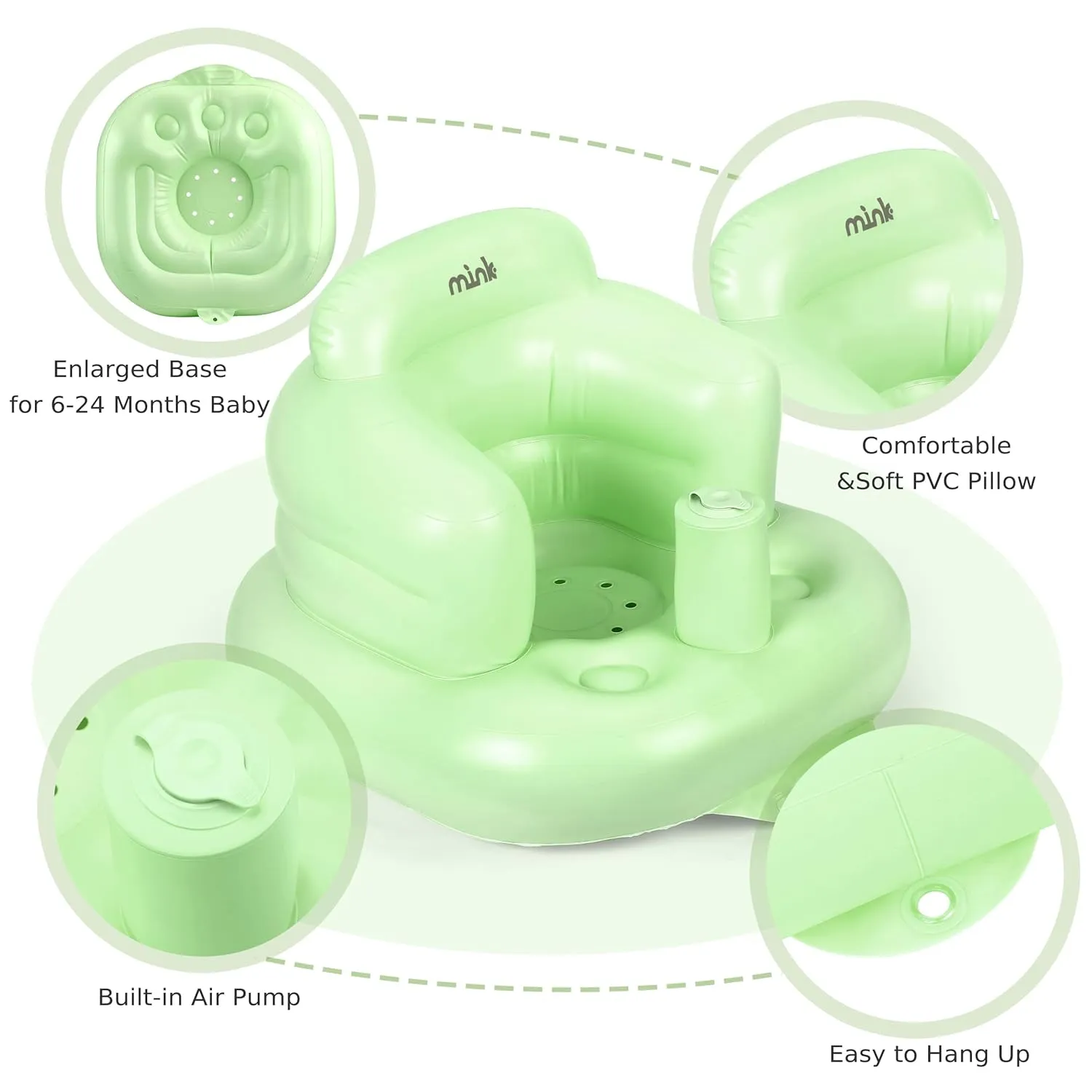MINK Inflatable Baby Seat with Built-in Pump - Floor Seat, Portable Infant Safety Chair with Handle for Sit Up and Learn to Play, for Babies 6-24 Months (Grass Green)