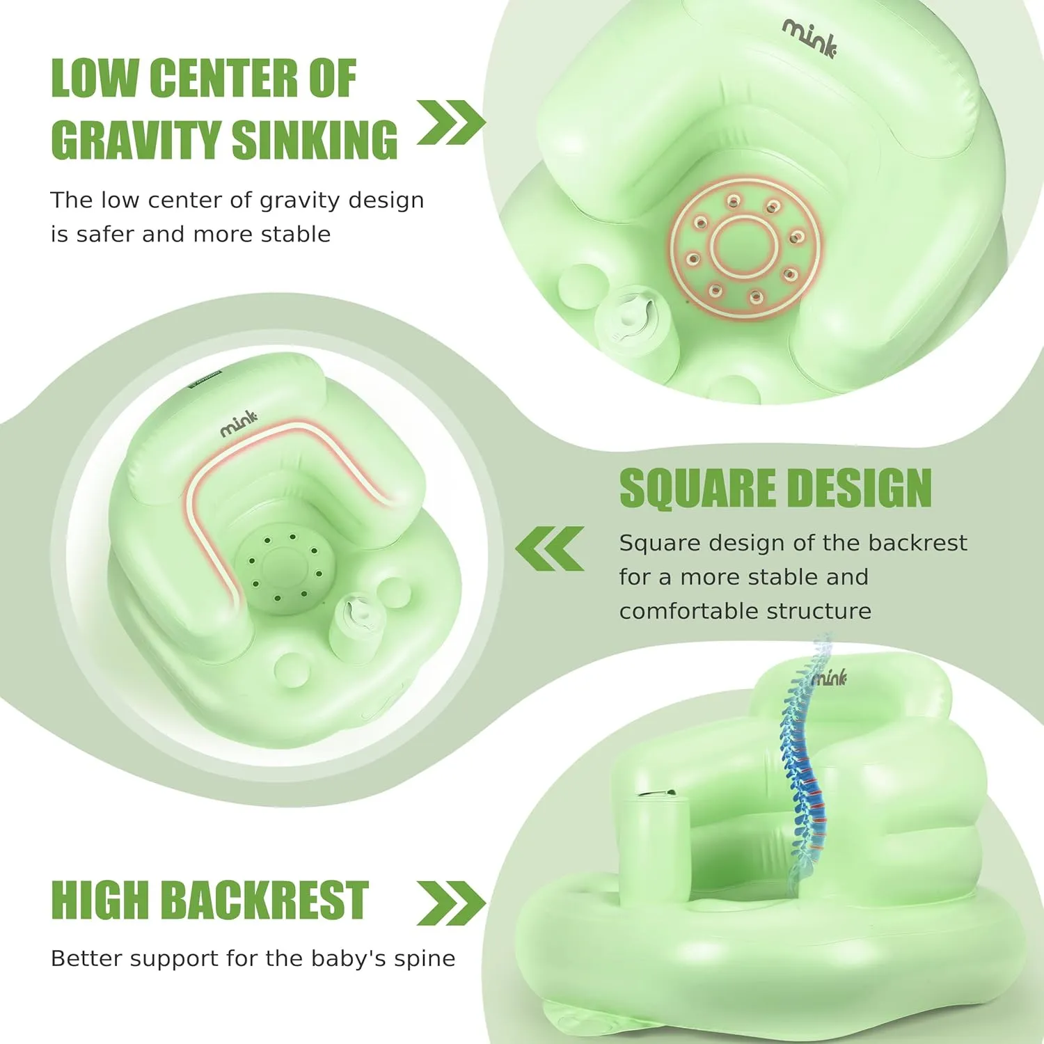 MINK Inflatable Baby Seat with Built-in Pump - Floor Seat, Portable Infant Safety Chair with Handle for Sit Up and Learn to Play, for Babies 6-24 Months (Grass Green)