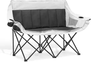 MoNiBloom Collapsible Double Camping Loveseat Chair Outdoor Beach Lawn Picnic Hiking Travel Portable Foldable Collapsible 2-Person Love Seat Camp Chair for Adults (Black and Light Gray)