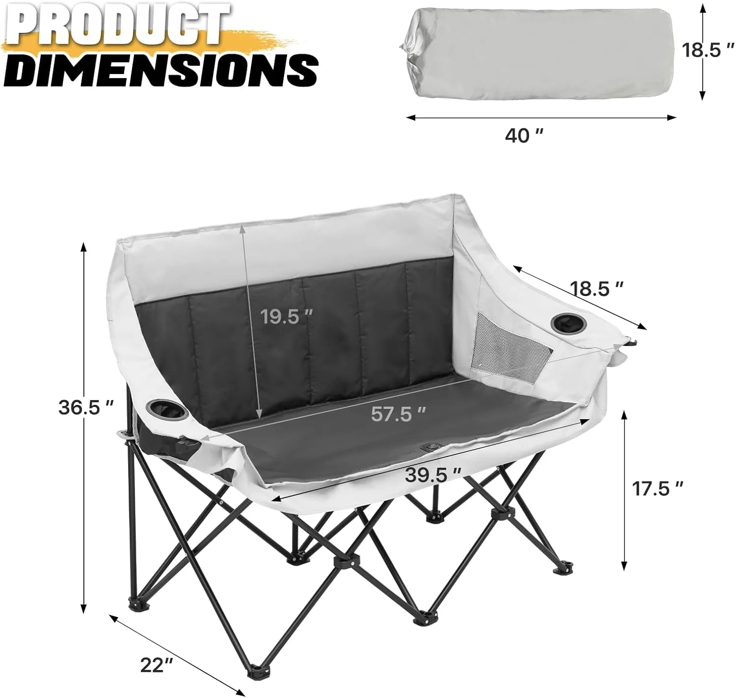 MoNiBloom Collapsible Double Camping Loveseat Chair Outdoor Beach Lawn Picnic Hiking Travel Portable Foldable Collapsible 2-Person Love Seat Camp Chair for Adults (Black and Light Gray)