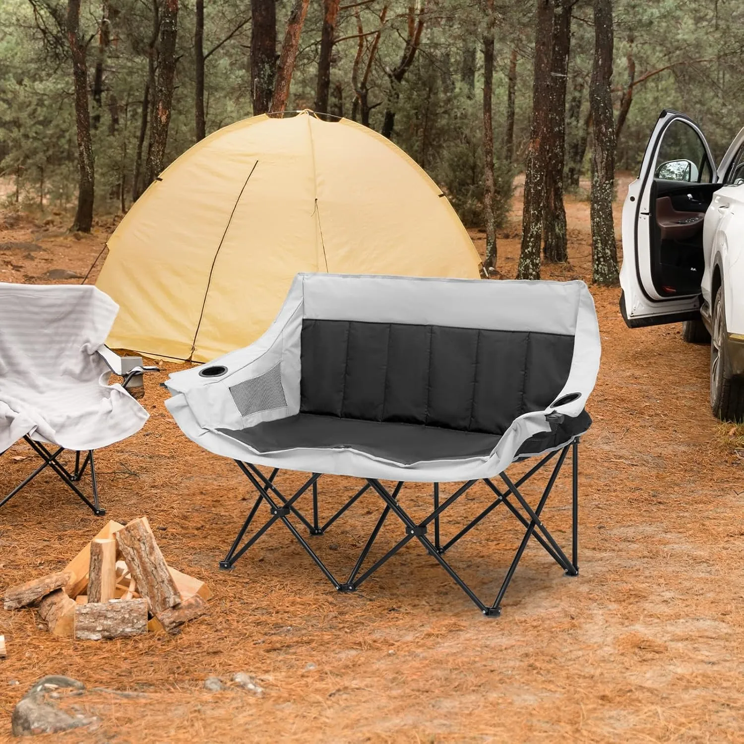 MoNiBloom Collapsible Double Camping Loveseat Chair Outdoor Beach Lawn Picnic Hiking Travel Portable Foldable Collapsible 2-Person Love Seat Camp Chair for Adults (Black and Light Gray)