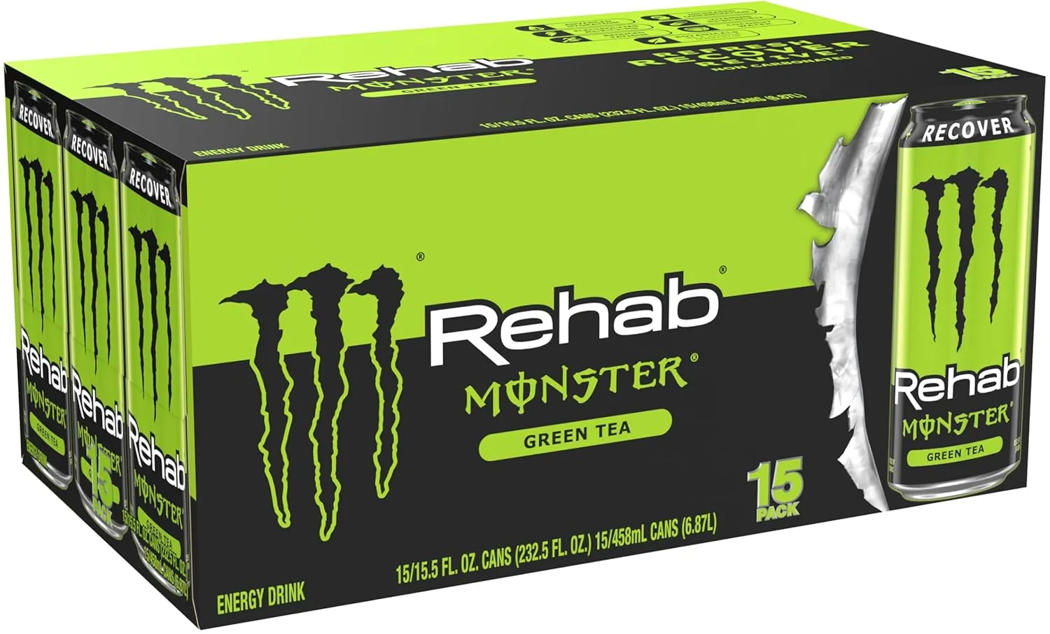 Monster Energy Rehab Green Tea   Energy, Energy Iced Tea, Energy Drink 15.5 Ounce (Pack of 15)
