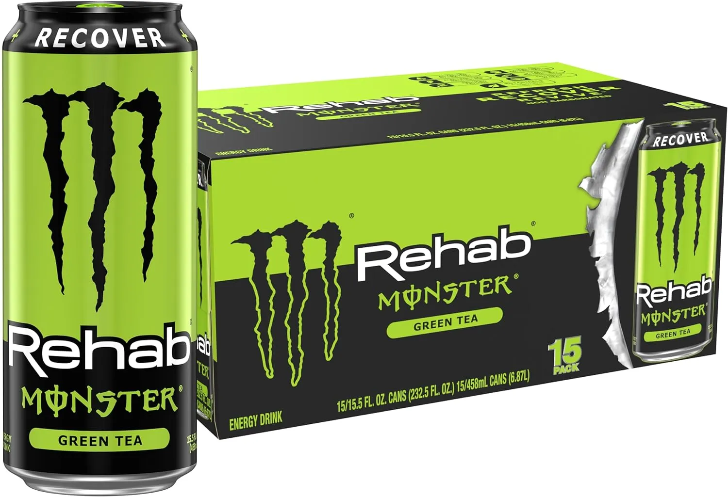Monster Energy Rehab Green Tea   Energy, Energy Iced Tea, Energy Drink 15.5 Ounce (Pack of 15)