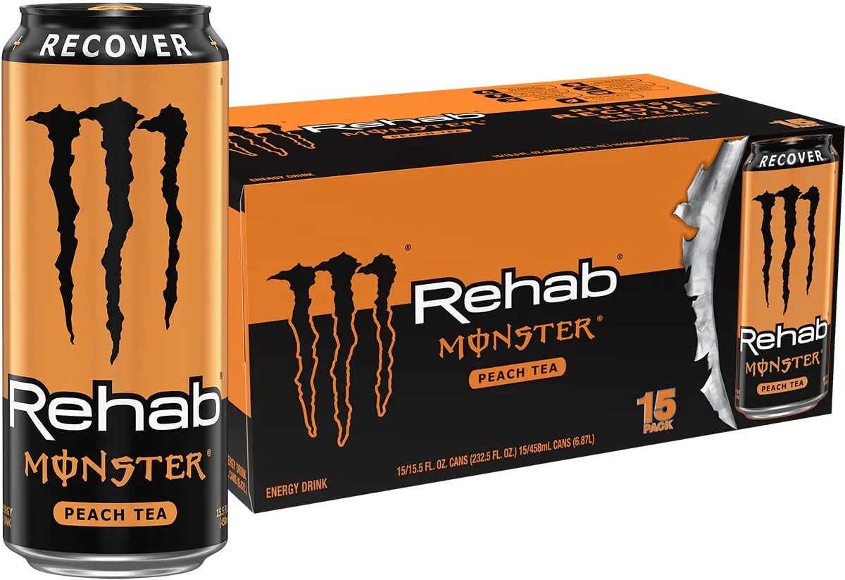 Monster Energy Rehab Peach Tea   Energy, Energy Iced Tea, Energy Drink, 15.5 Ounce (Pack of 15)