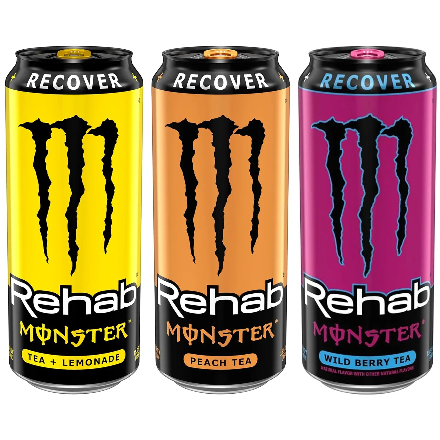 Monster Energy Rehab Tea   Lemonade, Peach Tea, Wild Berry Tea, Variety Pack, Energy Iced Tea,15.5 Ounce (Pack of 15)