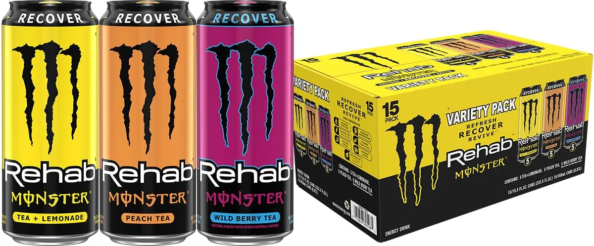 Monster Energy Rehab Tea   Lemonade, Peach Tea, Wild Berry Tea, Variety Pack, Energy Iced Tea,15.5 Ounce (Pack of 15)