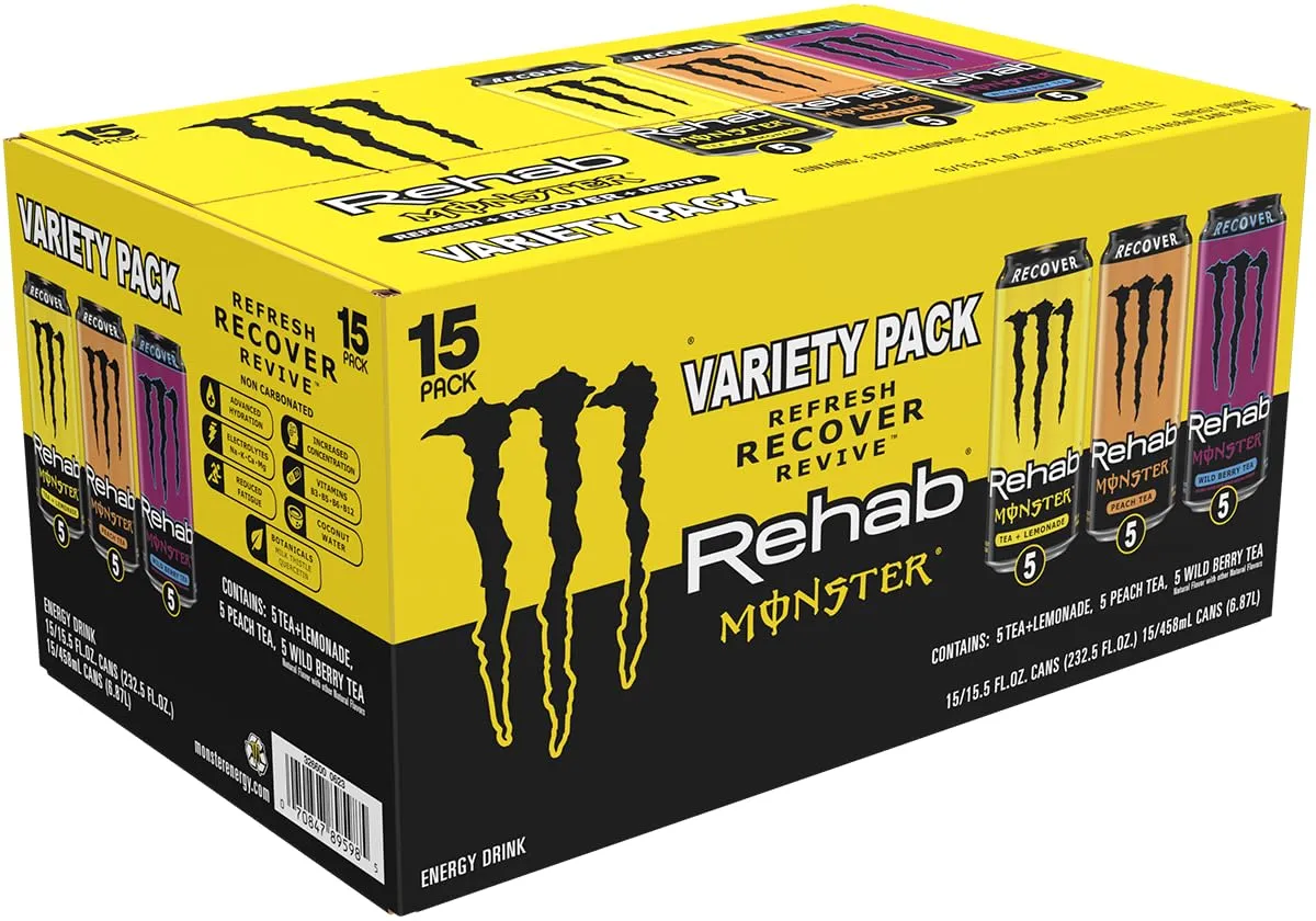 Monster Energy Rehab Tea   Lemonade, Peach Tea, Wild Berry Tea, Variety Pack, Energy Iced Tea,15.5 Ounce (Pack of 15)