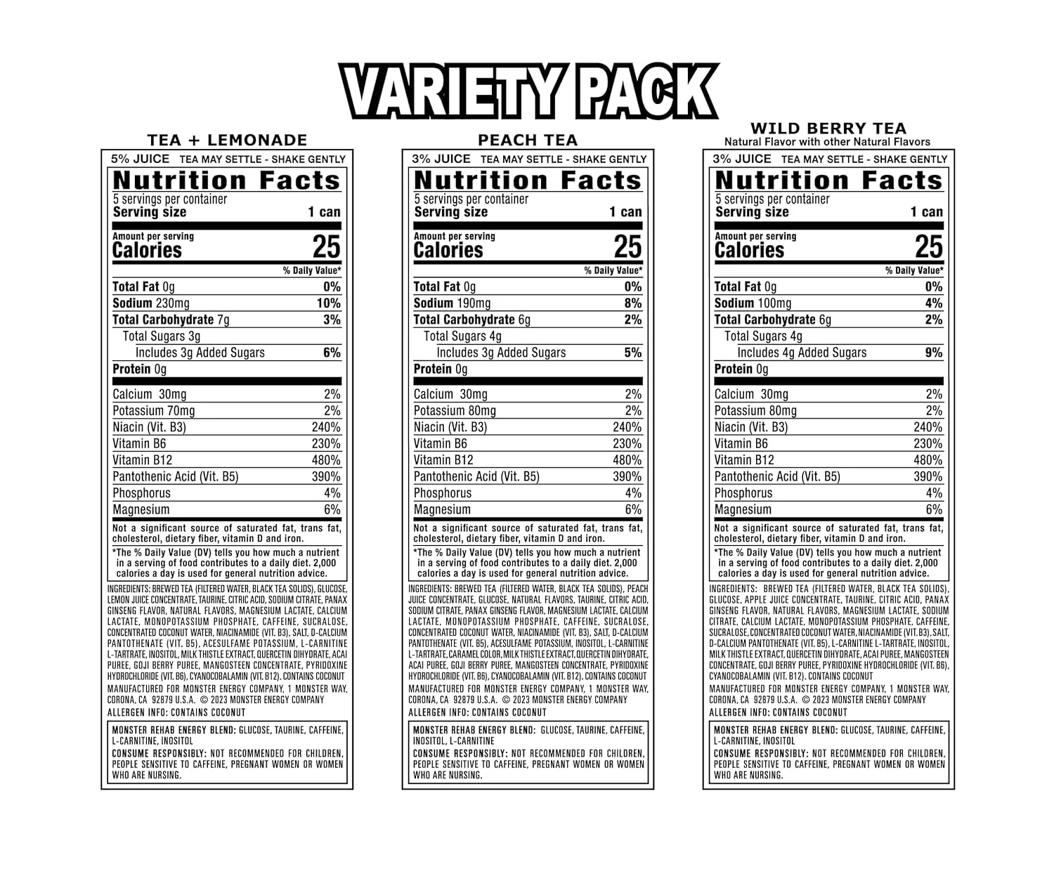 Monster Energy Rehab Tea   Lemonade, Peach Tea, Wild Berry Tea, Variety Pack, Energy Iced Tea,15.5 Ounce (Pack of 15)
