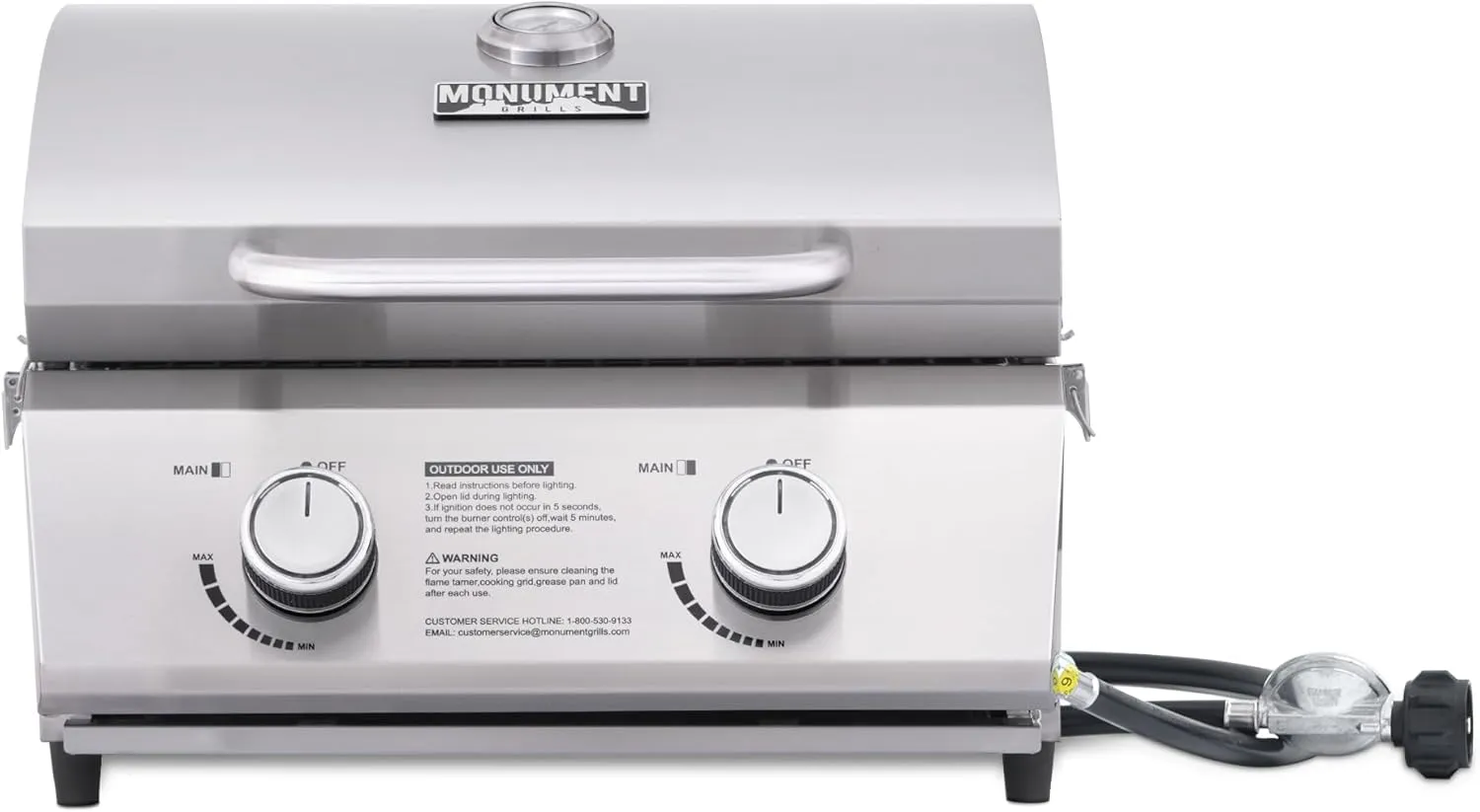Monument Grills Tabletop Propane Gas Grill for Outdoor Portable Camping Cooking with Travel Locks, Stainless Steel High Lid, and Built in Thermometer