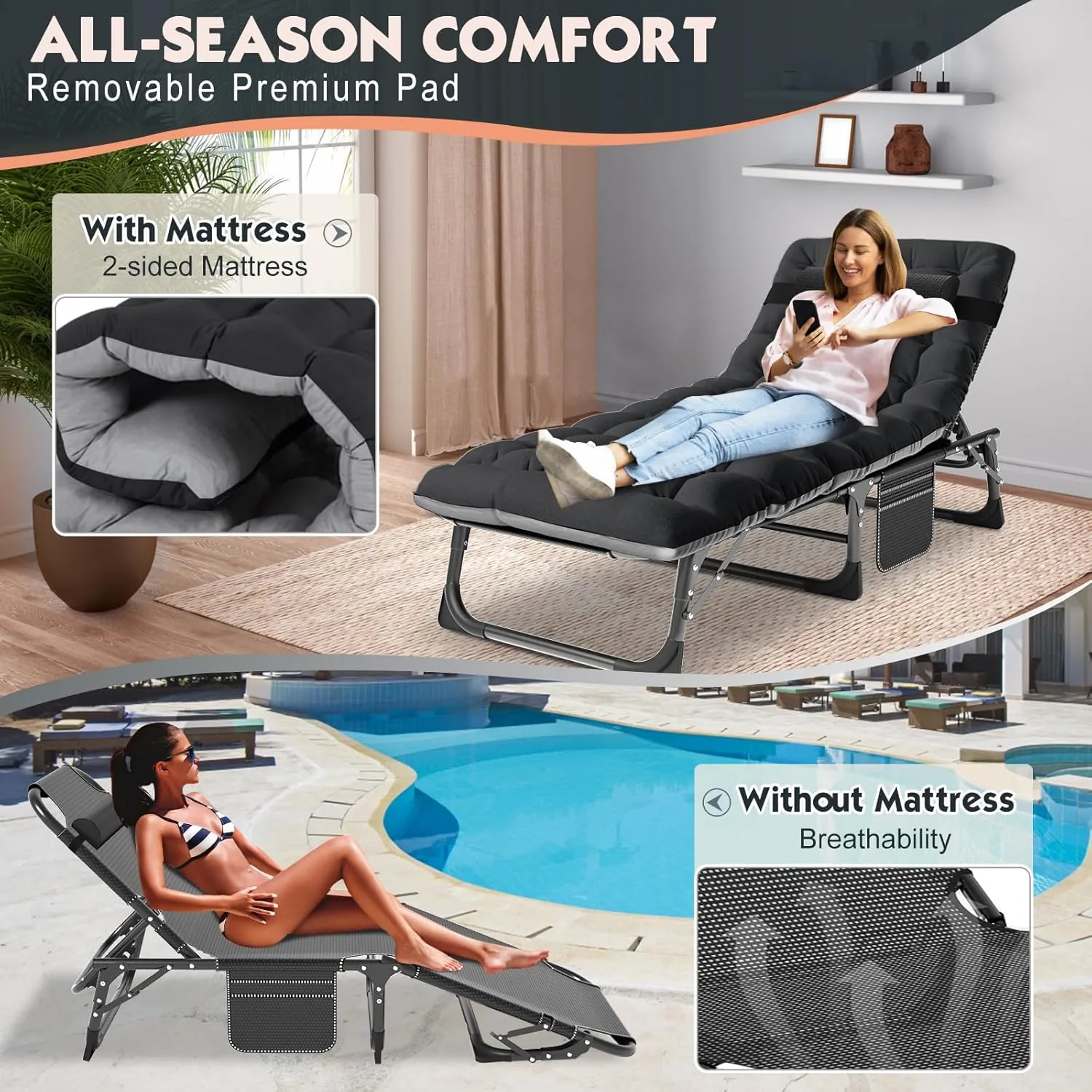 MOPHOTO Folding Lounge Chair - 5-Position, Portable Outdoor Chaise Lounge for Sun Tanning, Perfect for Pool, Beach, Patio Sunbathing