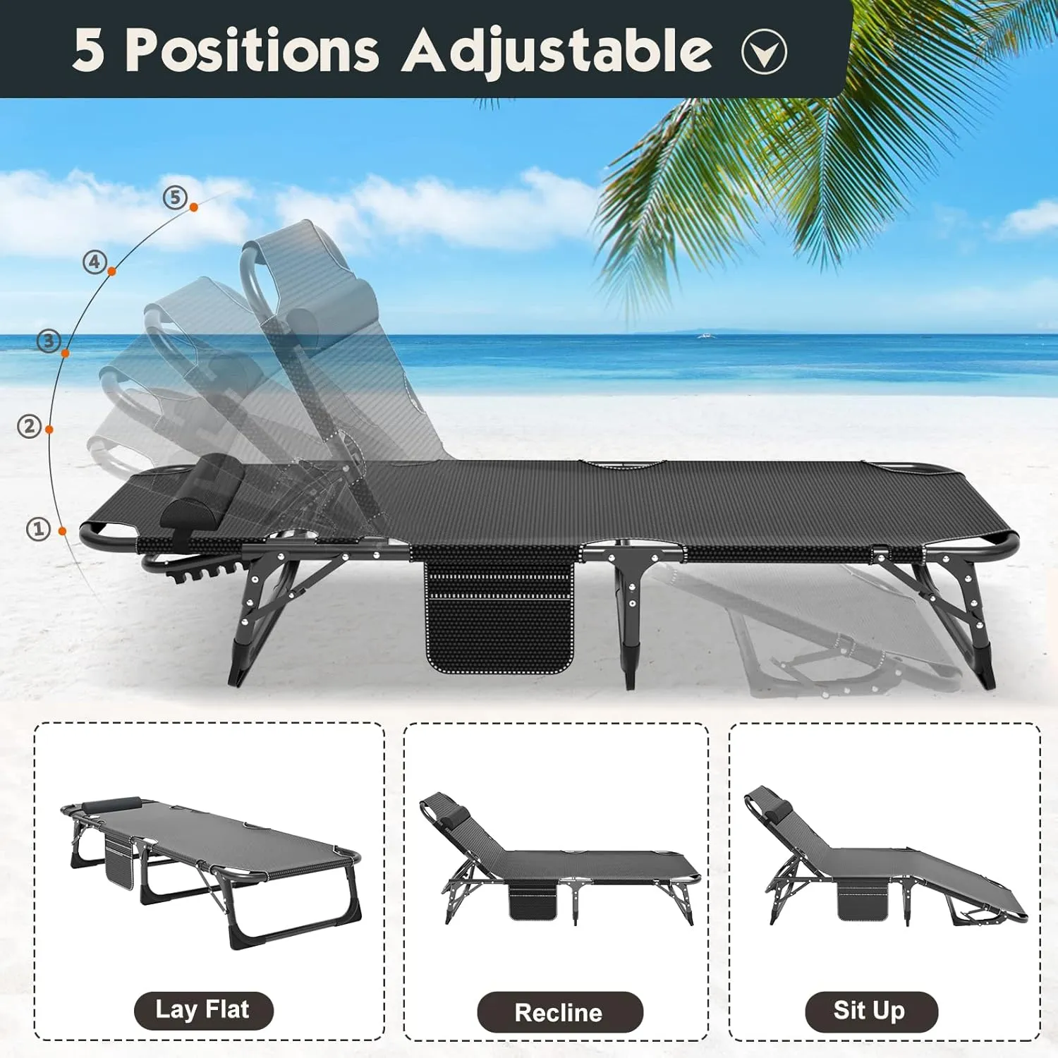 MOPHOTO Folding Lounge Chair - 5-Position, Portable Outdoor Chaise Lounge for Sun Tanning, Perfect for Pool, Beach, Patio Sunbathing