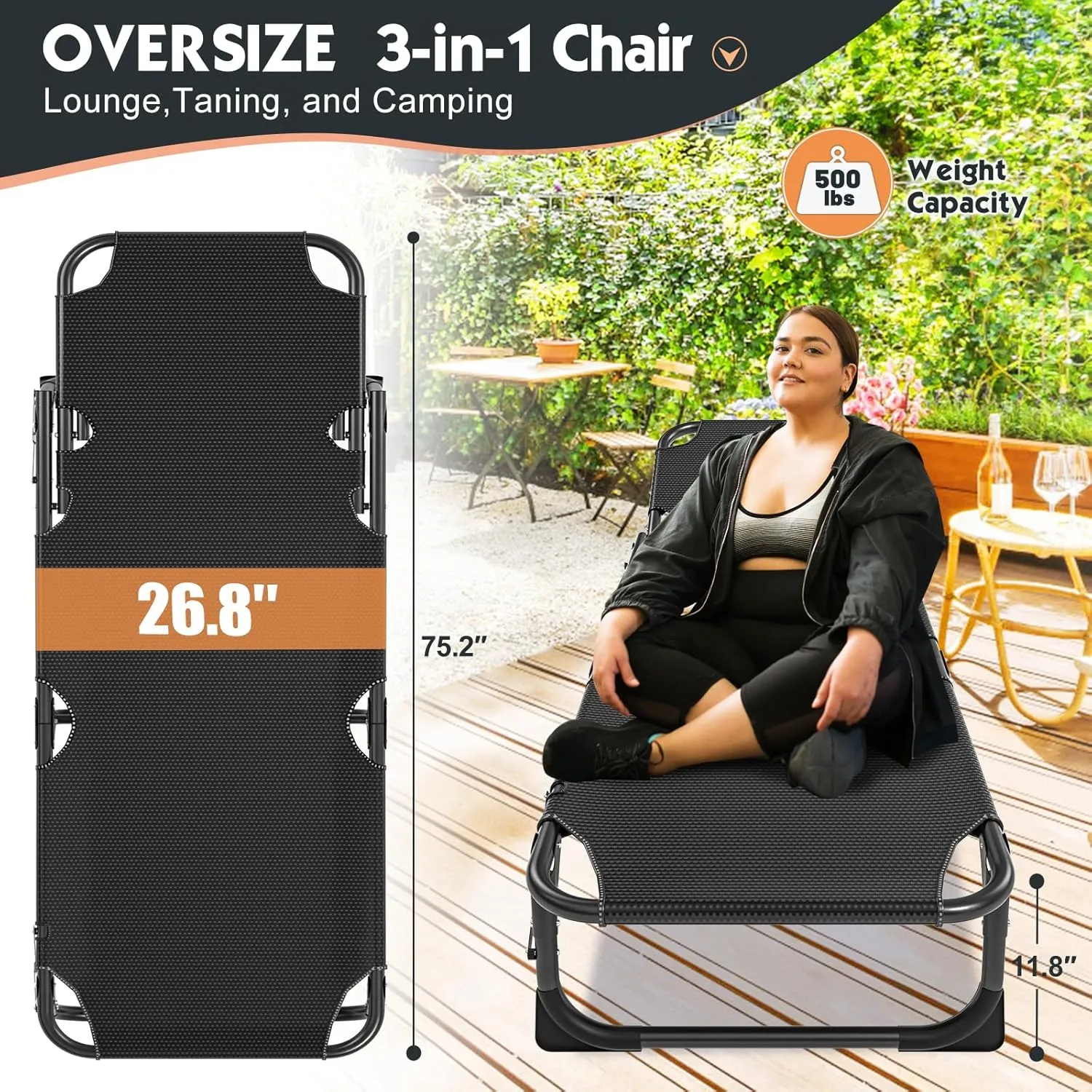 MOPHOTO Folding Lounge Chair - 5-Position, Portable Outdoor Chaise Lounge for Sun Tanning, Perfect for Pool, Beach, Patio Sunbathing