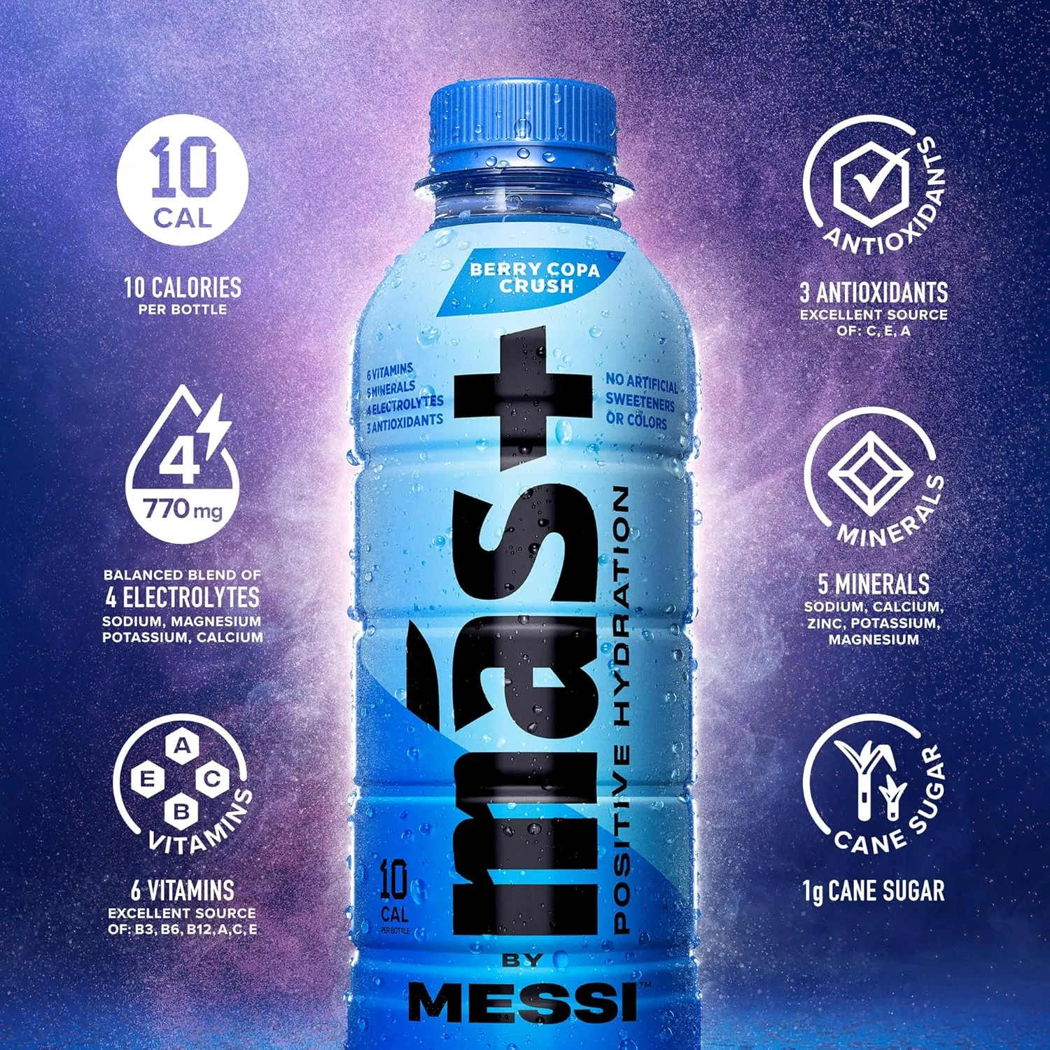 Más  by Messi 16.9oz Berry Copa Crush, Sports Drink & Hydration Beverage, Natural Flavors with Vitamins and Electrolytes, No Artificial Sweeteners or Colors, 12-pack