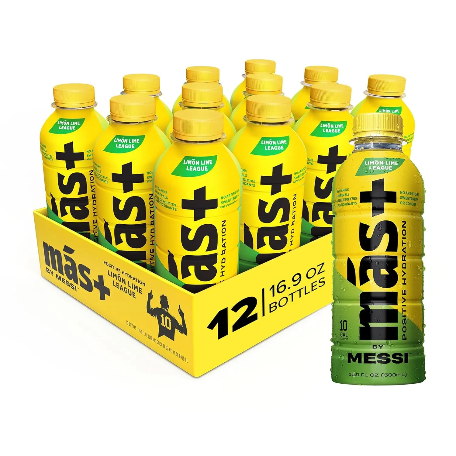 Más  by Messi 16.9oz Limón Lime League, Sports Drink & Hydration Beverage, Natural Flavors with Vitamins and Electrolytes, No Artificial Sweeteners or Colors, 12-pack