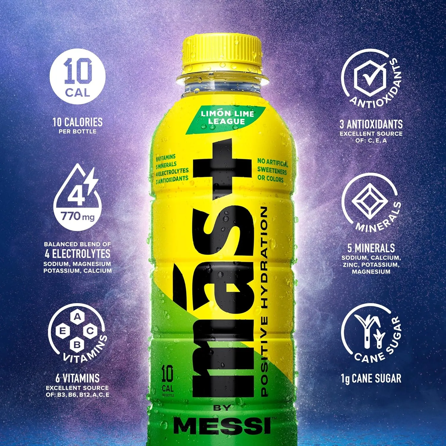 Más  by Messi 16.9oz Limón Lime League, Sports Drink & Hydration Beverage, Natural Flavors with Vitamins and Electrolytes, No Artificial Sweeteners or Colors, 12-pack