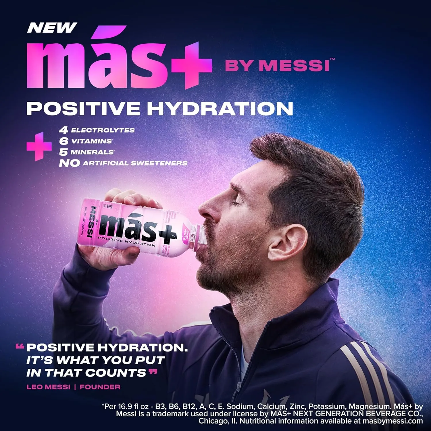 Más  by Messi 16.9oz Miami Punch, Sports Drink & Hydration Beverage, Natural Flavors with Vitamins and Electrolytes, No Artificial Sweeteners or Colors, 12-pack