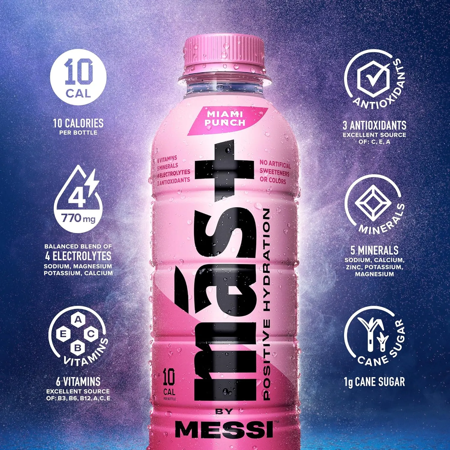 Más  by Messi 16.9oz Miami Punch, Sports Drink & Hydration Beverage, Natural Flavors with Vitamins and Electrolytes, No Artificial Sweeteners or Colors, 12-pack