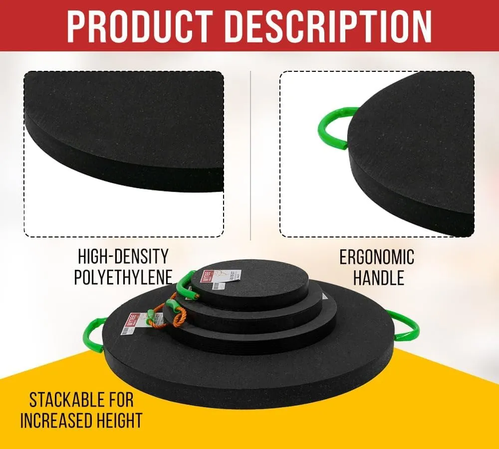 Mytee Products Round Outrigger Pad 15" Diameter, 1.5" Thick, 50,000 lbs WLL, RV Jack Pads | Crane Trailer Stabilizer Pads Lightweight, Stackable, Waterproof, Unbreakable, Ergonomic Handle (2 Pack)