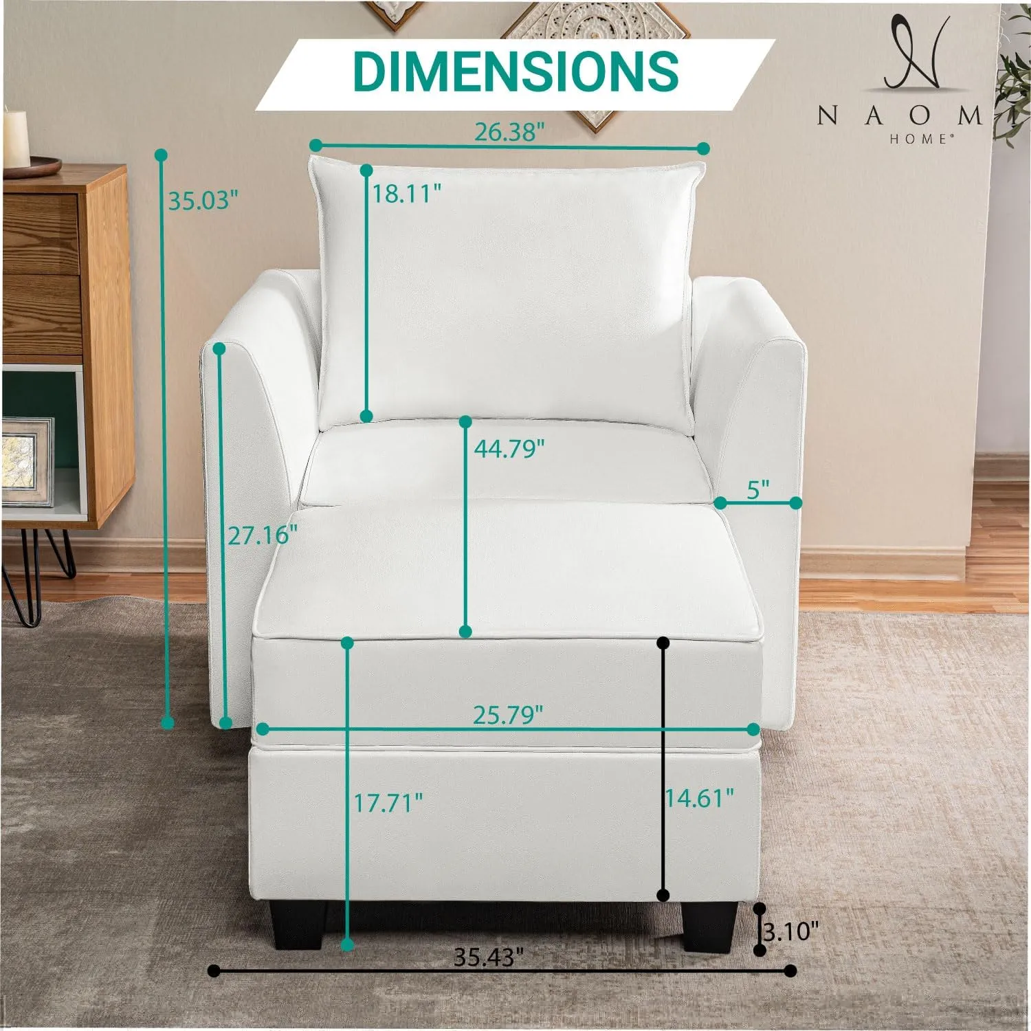 Naomi Home Elizabeth Modern DIY Collection - Convertible Modular Sectional Sofa - Ultimate Sofa Experience Air Leather Couch for Living Room Apartment Office Accent Chair with Ottoman White