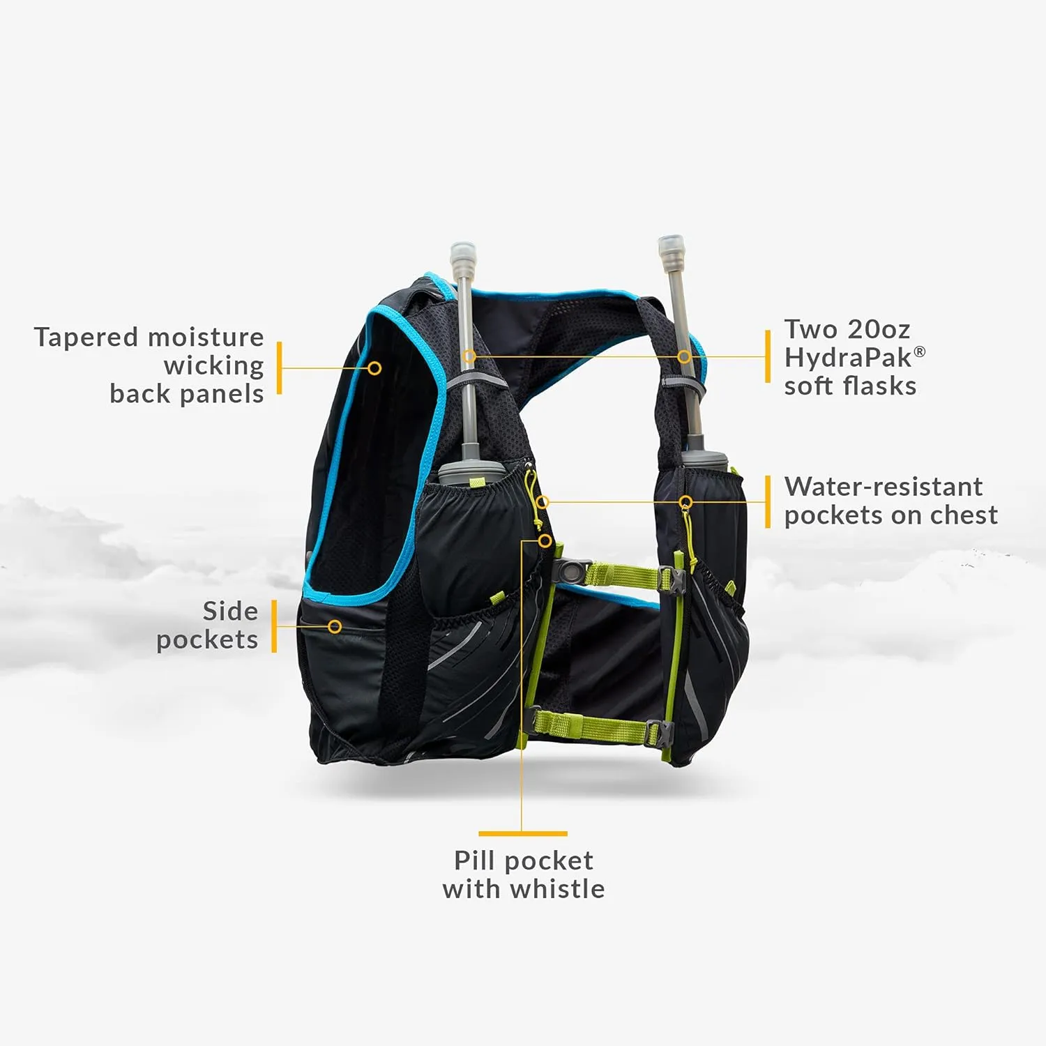 Nathan Men's Pinnacle Race Vest 4L Hydration Pack, Two 20 oz Soft Flasks, Running, Hiking, Water-Resistant, Moisture Wicking, Adjustable Straps