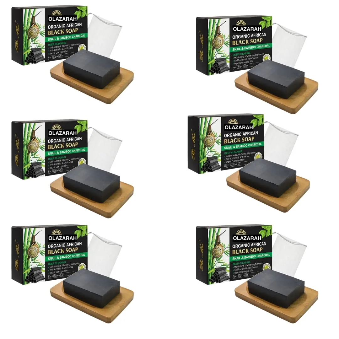 Natural African Black Soap w/Snail Bamboo Charcoal Extract, Moisturizing and Hydration Bundle (6 Pack), 12 oz.