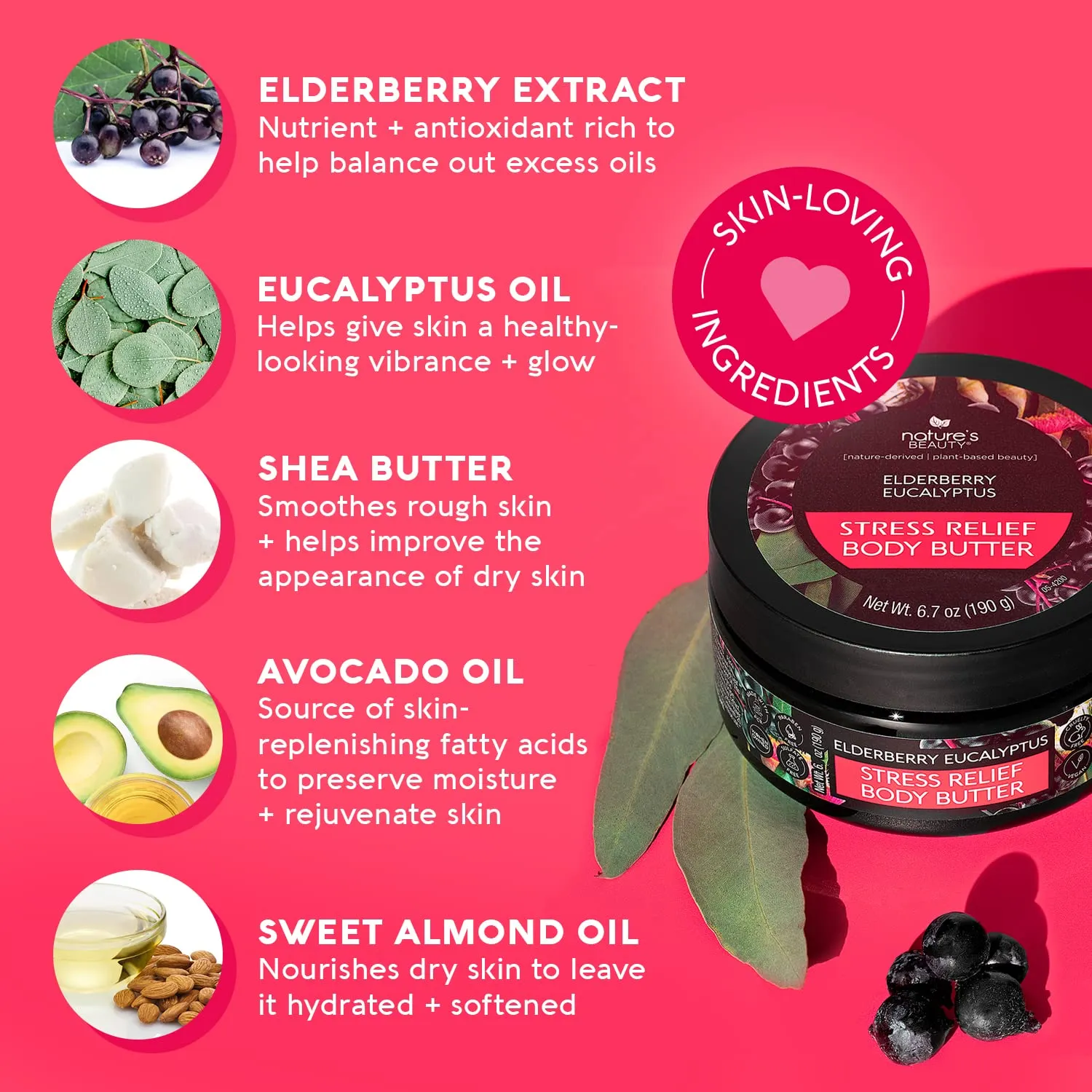 Nature's Beauty Elderberry Eucalyptus Stress Relief Body Butter Multi-Pack - Luxury Moisturizer, Unwind   Restore Your Skin, Made w/Shea Butter, Avocado   Sweet Almond Oil, 6.7 oz (2 Pack)