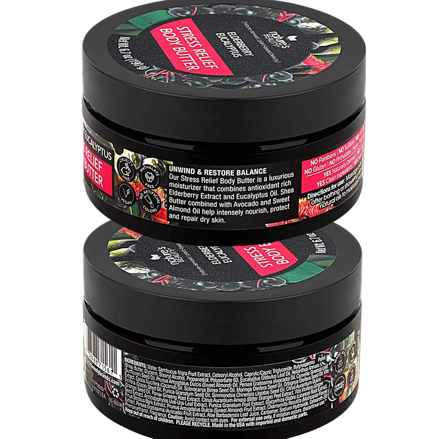 Nature's Beauty Elderberry Eucalyptus Stress Relief Body Butter Multi-Pack - Luxury Moisturizer, Unwind   Restore Your Skin, Made w/Shea Butter, Avocado   Sweet Almond Oil, 6.7 oz (2 Pack)