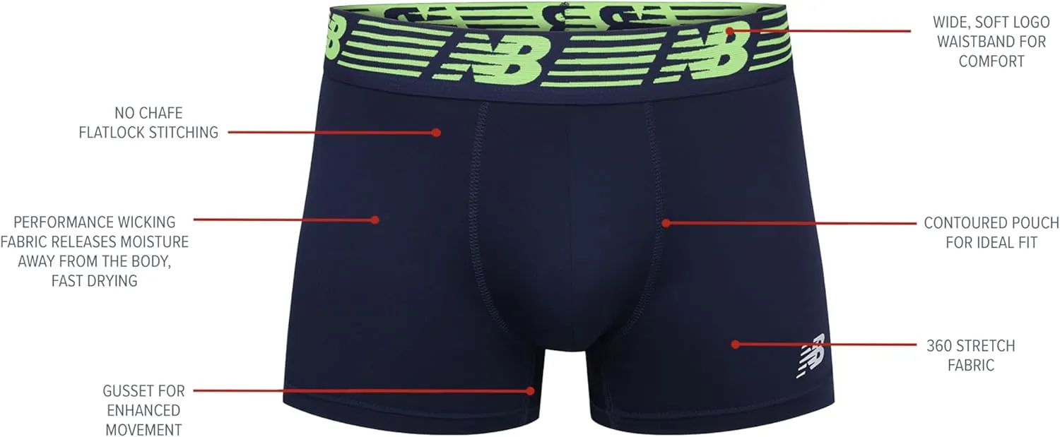 New Balance Men's No Fly Trunks Underwear, Jacquard Waistband, Breathable Lightweight, Moisture Wicking (3 Pack)