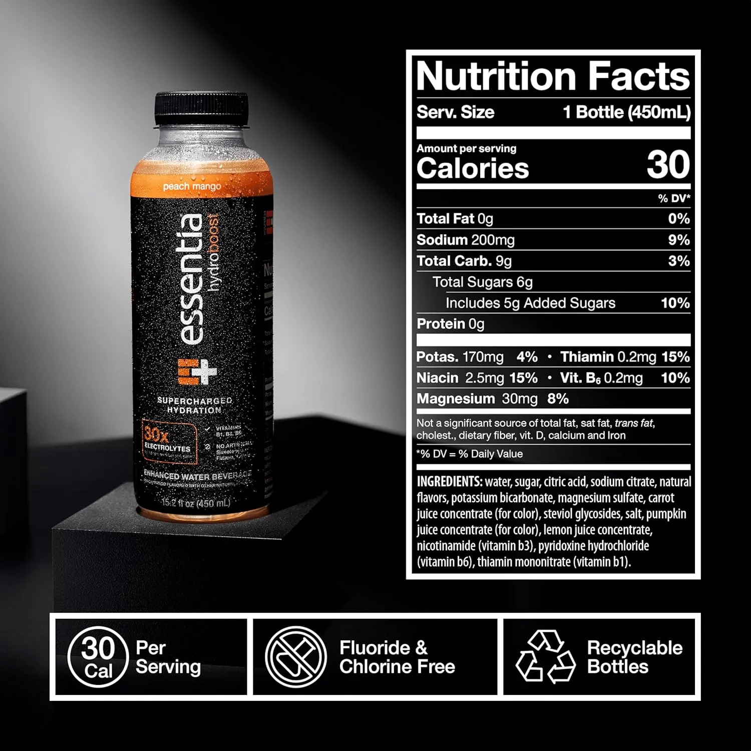 NEW Essentia Hydroboost Enhanced Bottled Water, 15.2 fl. oz. (450 mL), 12 Pack, Peach Mango, Hydrolyte Blend with B-Complex Vitamins and Electrolytes, Clean Taste & Supercharged Hydration