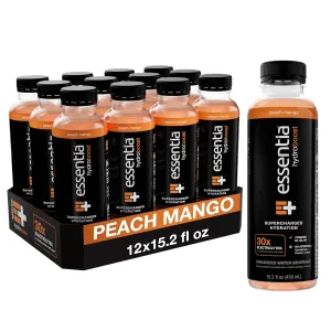 NEW Essentia Hydroboost Enhanced Bottled Water, 15.2 fl. oz. (450 mL), 12 Pack, Peach Mango, Hydrolyte Blend with B-Complex Vitamins and Electrolytes, Clean Taste & Supercharged Hydration