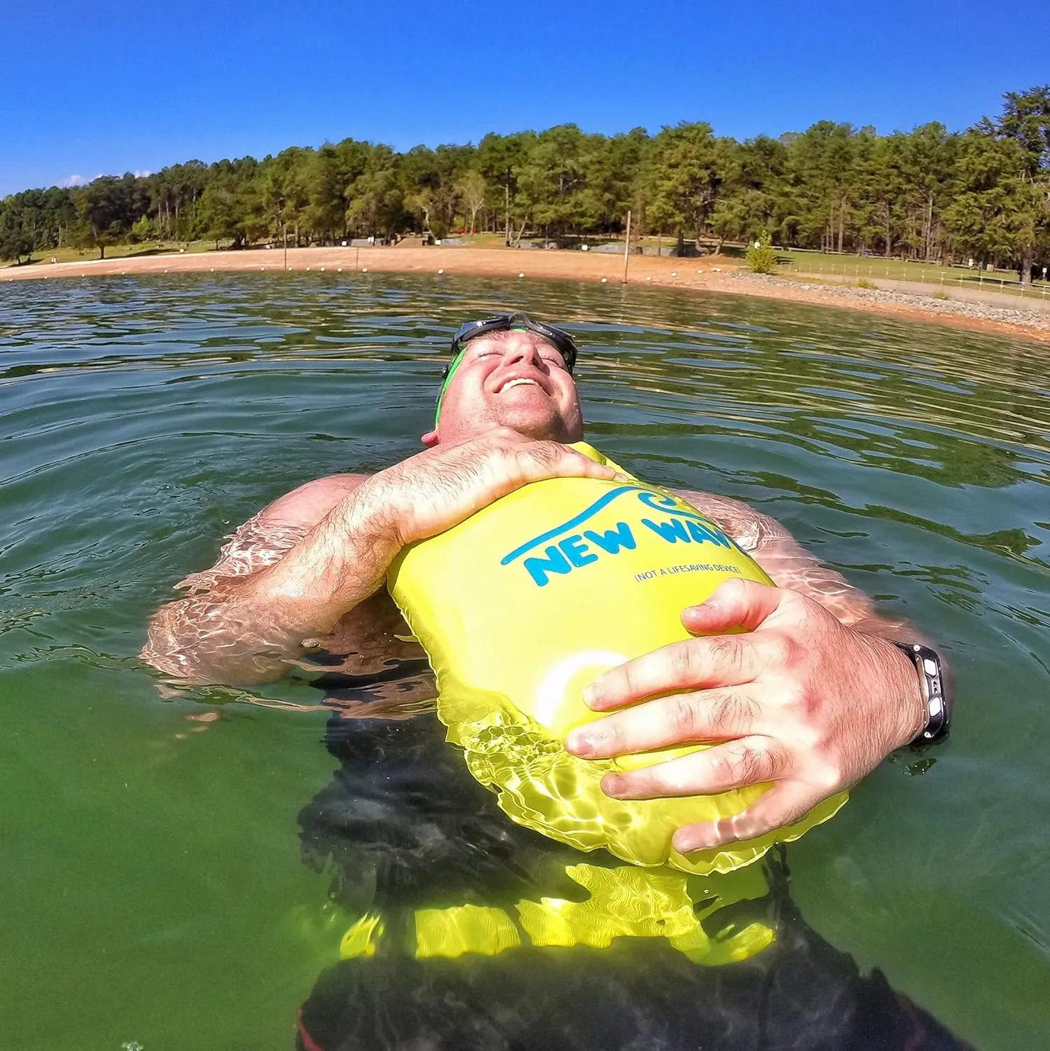 New Wave Swim Buoy for Open Water Swimmers and Triathletes - Light and Visible Float for Safe Training and Racing - High Visiblity Fluo Green