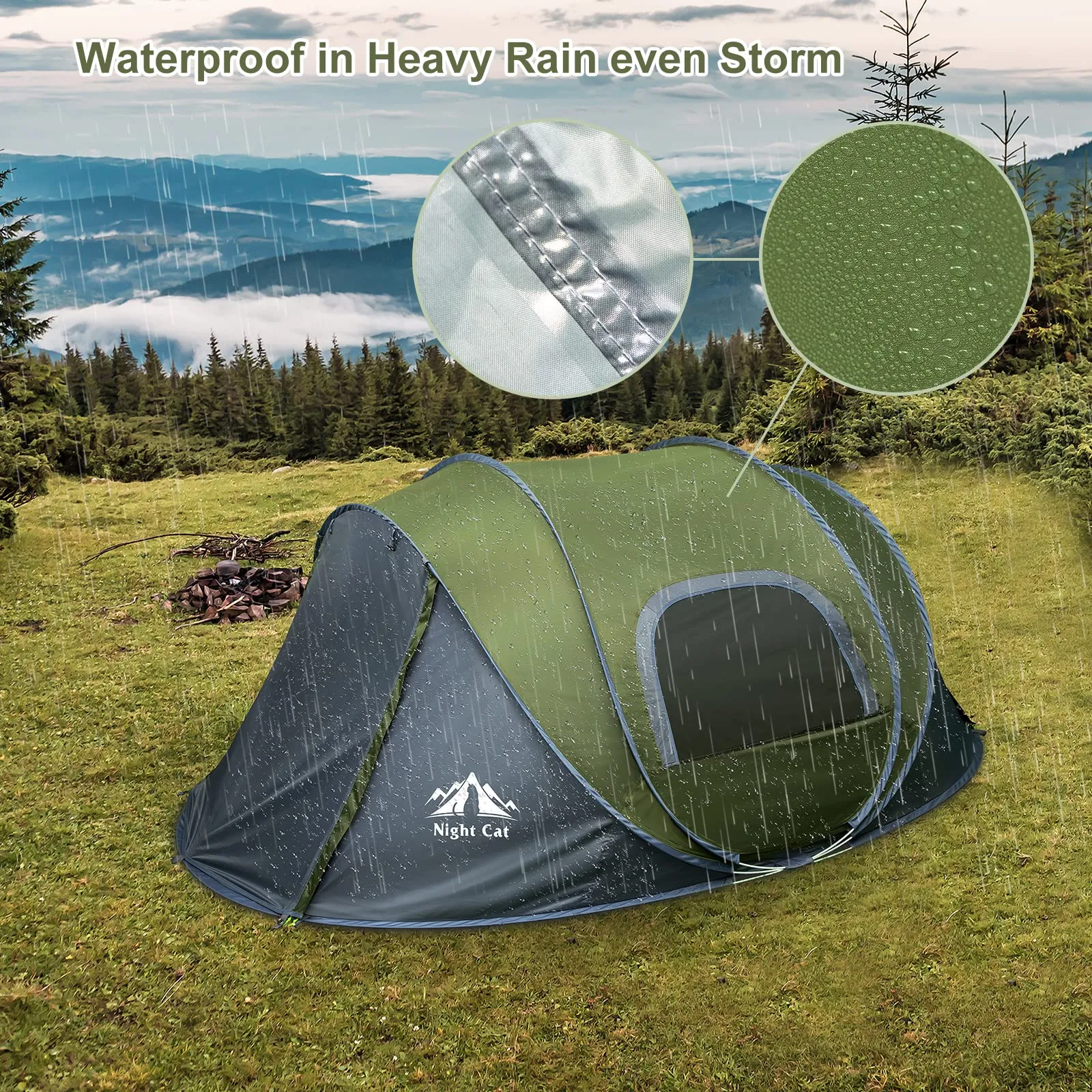 Night Cat Pop-up Camping Tent: 4 Person Tent Waterproof Instant Easy Setup Family Tent