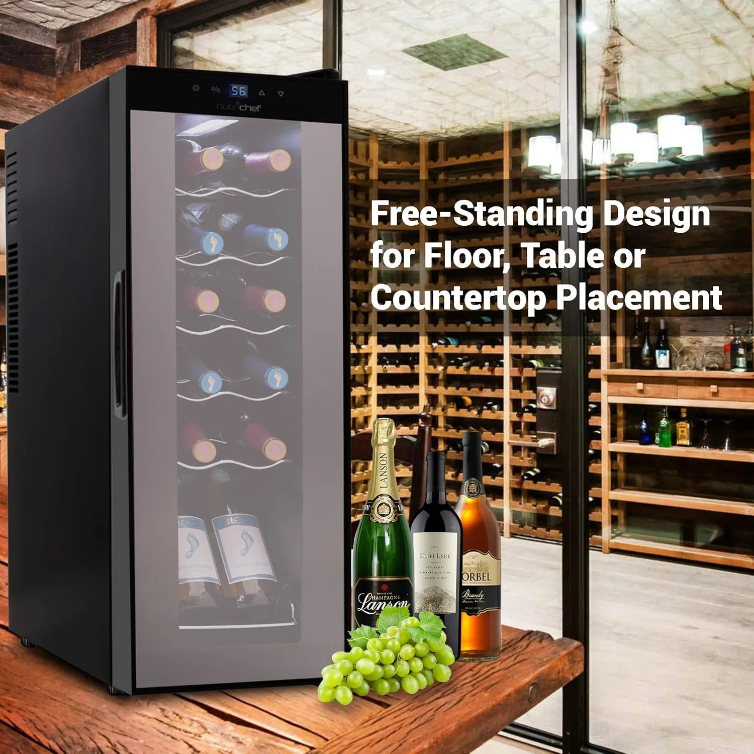 NutriChef PKCWC120 White & Red Cooler-Freestanding Countertop Compact Mini Wine Fridge Chiller 12 Bottle Capacity, Digital Control, Glass Door, Black