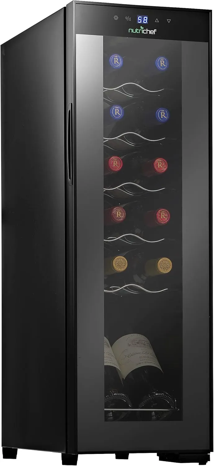 NutriChef PKCWC120 White & Red Cooler-Freestanding Countertop Compact Mini Wine Fridge Chiller 12 Bottle Capacity, Digital Control, Glass Door, Black