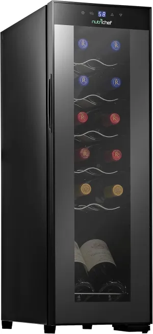 NutriChef PKCWC120 White & Red Cooler-Freestanding Countertop Compact Mini Wine Fridge Chiller 12 Bottle Capacity, Digital Control, Glass Door, Black