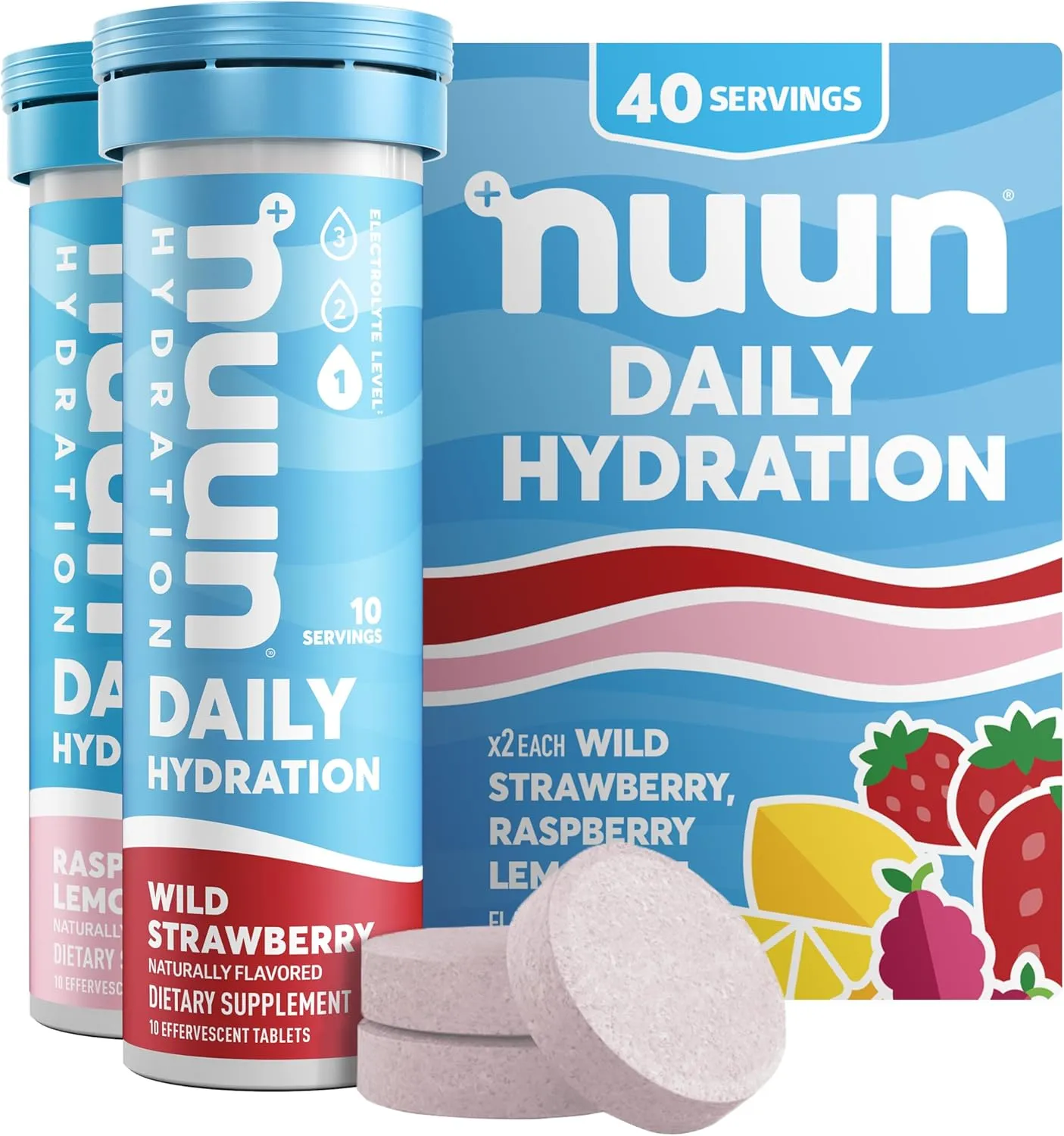 Nuun Daily Electrolyte Tablets with Magnesium, Calcium, Potassium, Chloride & Sodium, Gluten Free, Sugar Free, & Vegan, Mixed Berry Flavor, 4 Pack (40 Servings Total)
