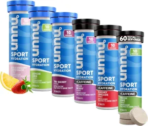 Nuun Sport   Caffeine Electrolyte Tablets – Dissolvable in Water, Variety Pack | 5 Essential Electrolytes for Hydration | 1g Sugar Drink Mix | Vegan, Non-GMO | 6 Pack (60 Total Servings)