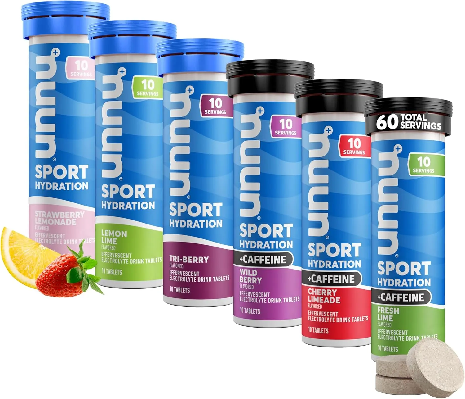 Nuun Sport   Caffeine Electrolyte Tablets – Dissolvable in Water, Variety Pack | 5 Essential Electrolytes for Hydration | 1g Sugar Drink Mix | Vegan, Non-GMO | 6 Pack (60 Total Servings)
