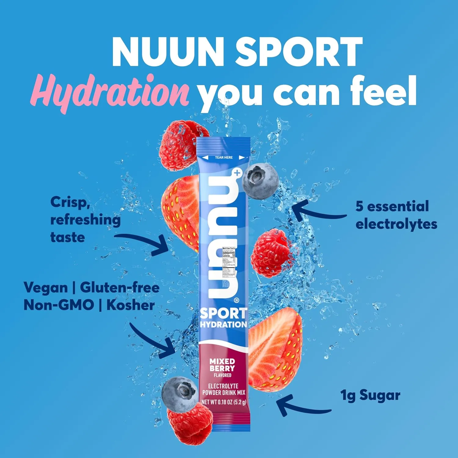 Nuun Sport Electrolyte Powder Packets with Magnesium, Calcium, Potassium, Chloride, and Sodium, Hydration Packets for On-The-Go, Mixed Berry Flavor, Gluten Free & Vegan, 16 Single Servings