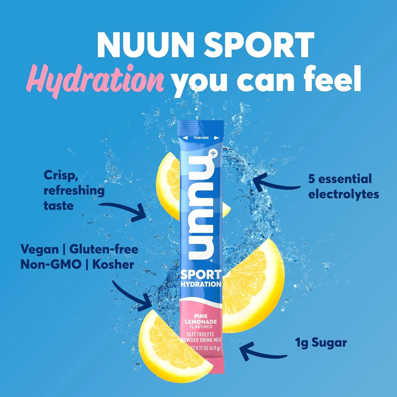 Nuun Sport Electrolyte Powder Packets with Magnesium, Calcium, Potassium, Chloride, and Sodium, Hydration Packets for On-the-Go, Pink Lemonade Flavor, Gluten Free & Vegan, 16 Single Servings