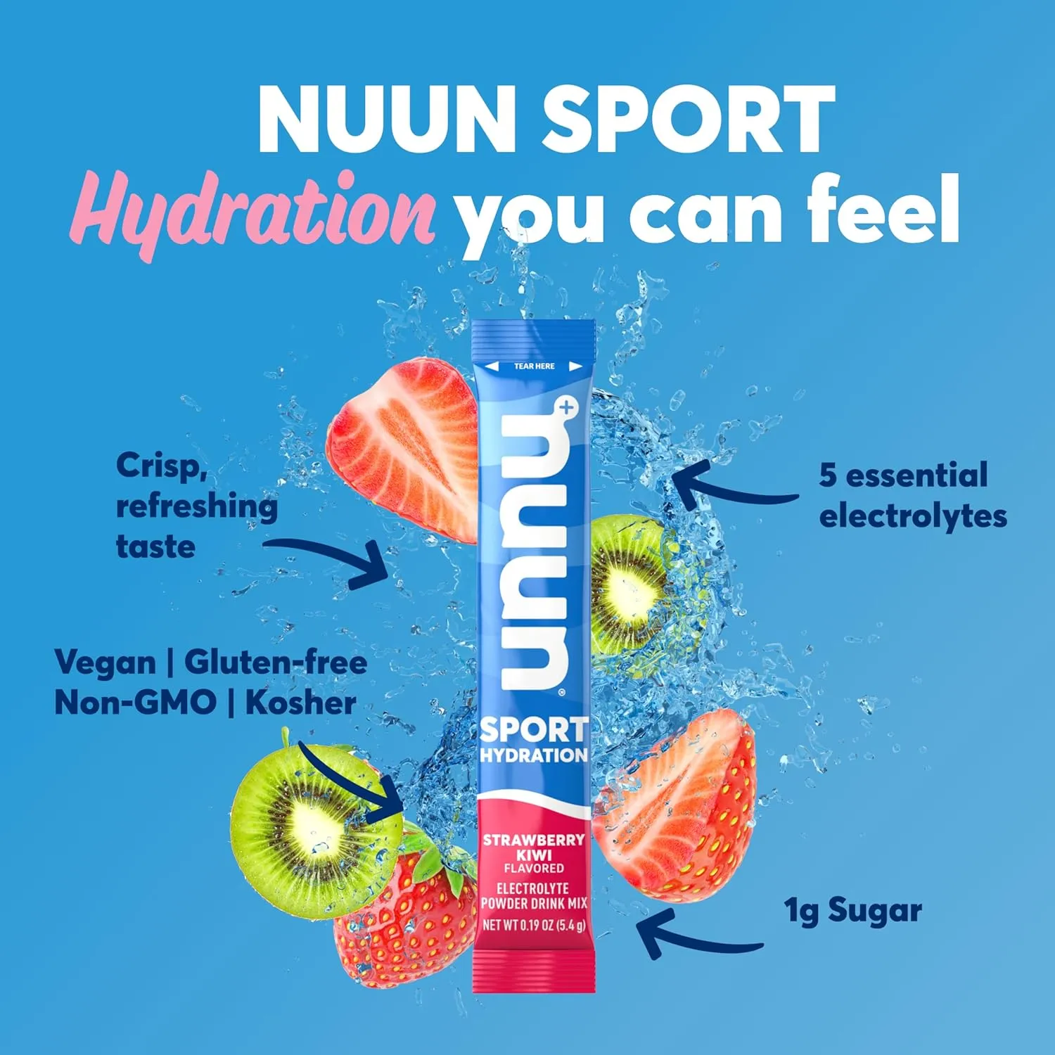 Nuun Sport Electrolyte Powder Packets with Magnesium, Calcium, Potassium, Chloride, and Sodium, Hydration Packets for On-the-Go, Strawberry Kiwi Flavor, Gluten Free & Vegan, 16 Single Servings