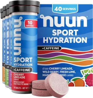 Nuun Sport Electrolyte Tablets with Caffeine from Green Tea Extract, Magnesium, Calcium, Potassium, Chloride & Sodium, Gluten Free & Vegan, Mixed Flavors, 4 Pack (40 Servings Total)