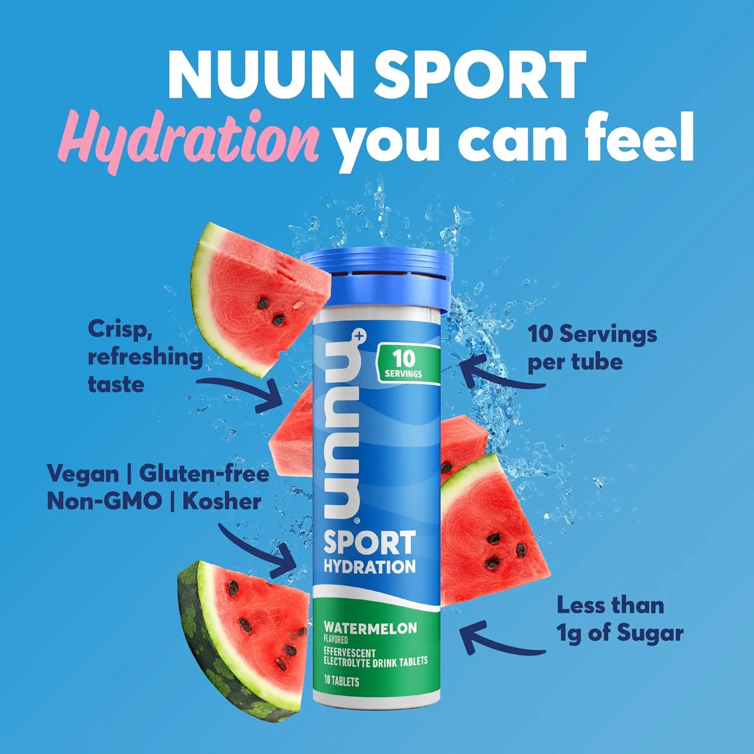 Nuun Sport Electrolyte Tablets with Magnesium, Calcium, Potassium, Chloride & Sodium, Gluten Free & Vegan, Watermelon, 4 Pack (40 Servings Total)