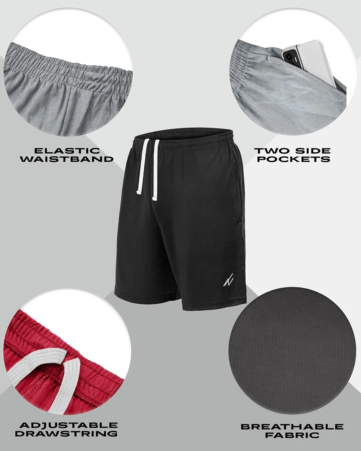 NY Threads 5 Pack Mens Athletic Shorts Quick Dry Loose-Fit Lightweight Running Workout Gym Shorts with Pockets