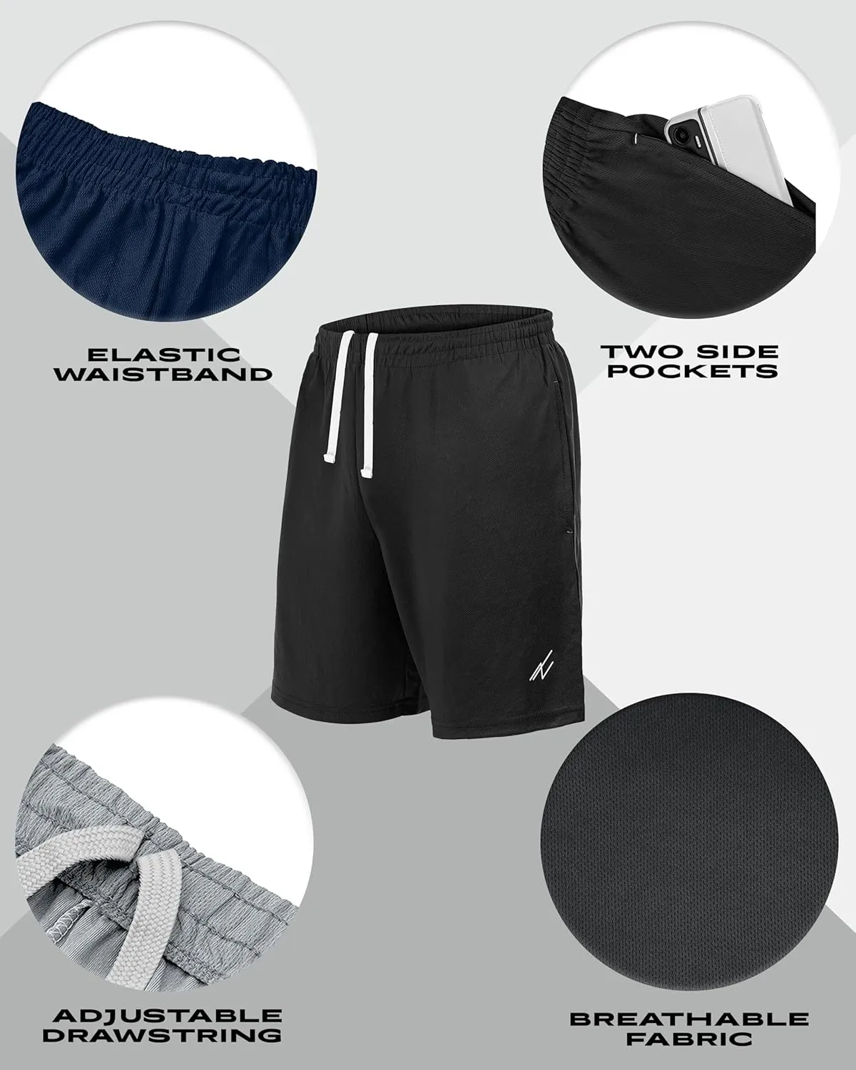 NY Threads 5 Pack Mens Athletic Shorts Quick Dry Loose-Fit Lightweight Running Workout Gym Shorts with Pockets