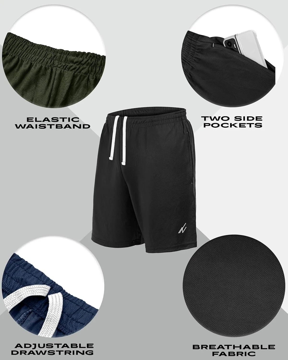 NY Threads 5 Pack Mens Athletic Shorts Quick Dry Loose-Fit Lightweight Running Workout Gym Shorts with Pockets