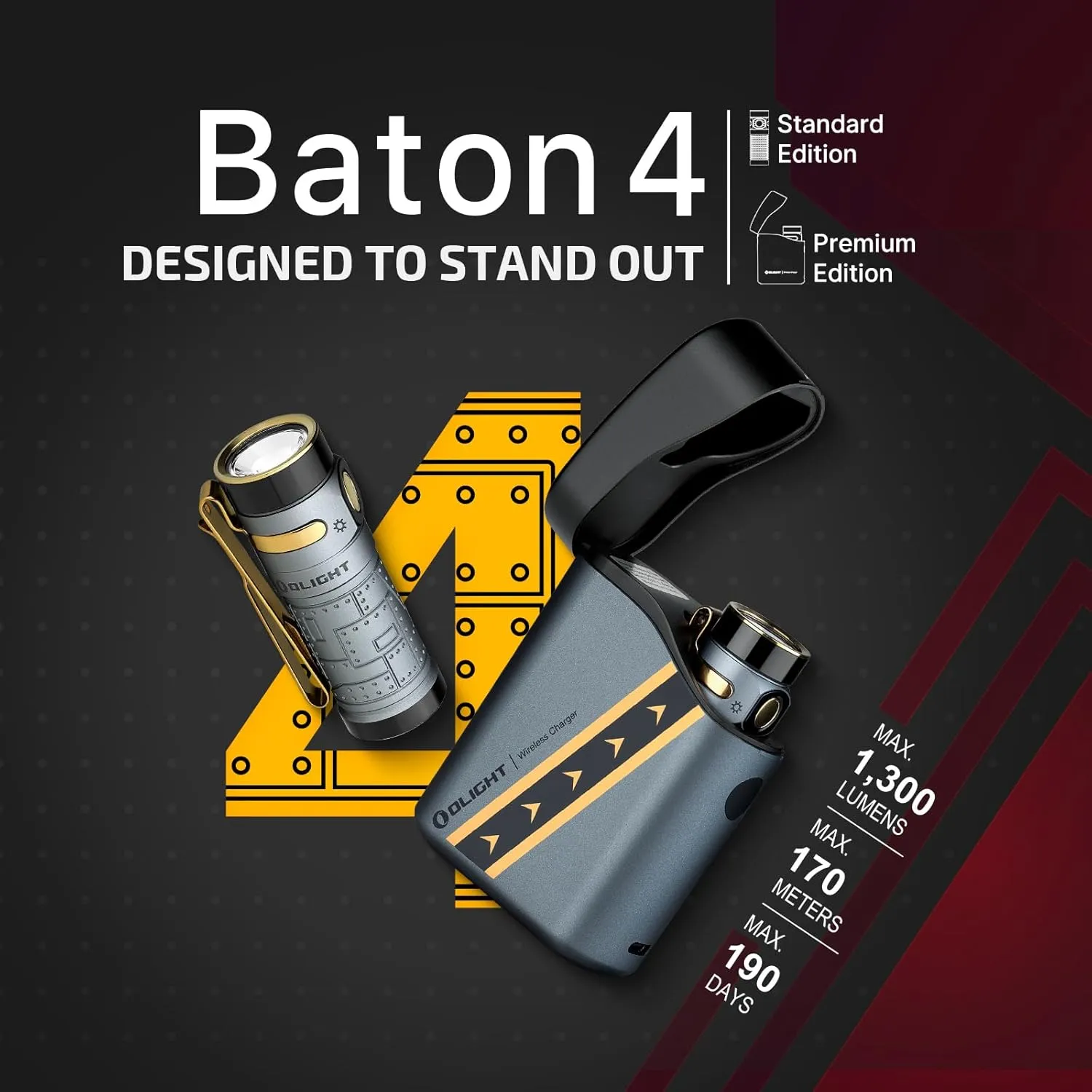 OLIGHT Baton4 Premium Edition EDC Flashlight 1300 Lumens with Type-C Charging Case, Powered by Rechargeable Battery, Small LED Light IPX8 Waterproof for Camping (Fighter Pilot)