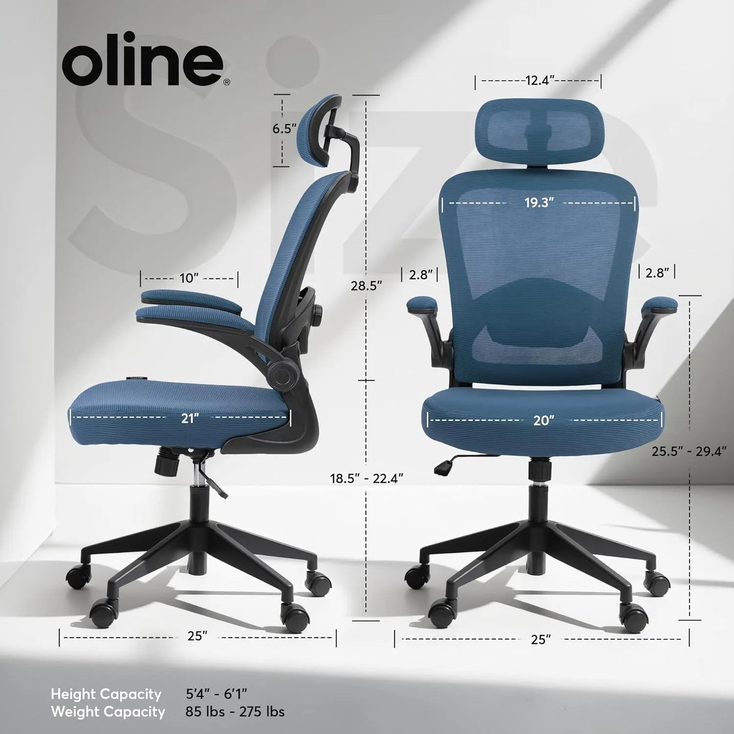 Oline ErgoAir Ergonomic Office Chair – Adjustable Lumbar Support, Flip-Up Armrests, Mesh Computer Desk Chair, Swivel Rolling Executive Gaming Chair for Home & Office (Navy Blue)